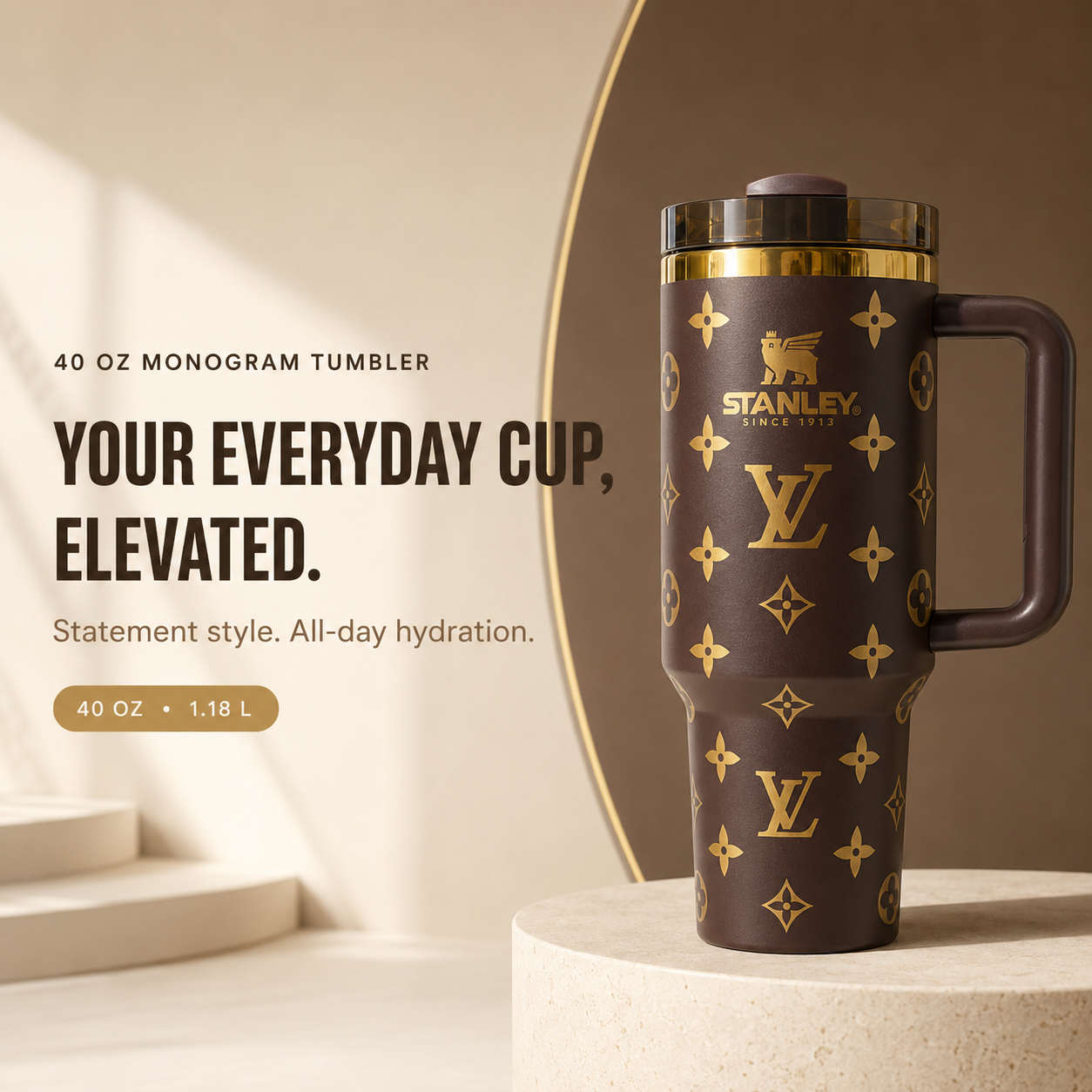 Auvoré® Metallic Gold Monogram 40oz Tumbler